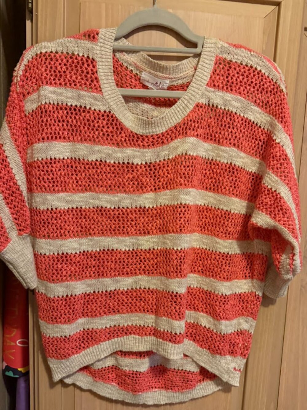 Shrinking Violet Coral Stripe Open Knit Dolman Sleeve Sweater Top Size XS
